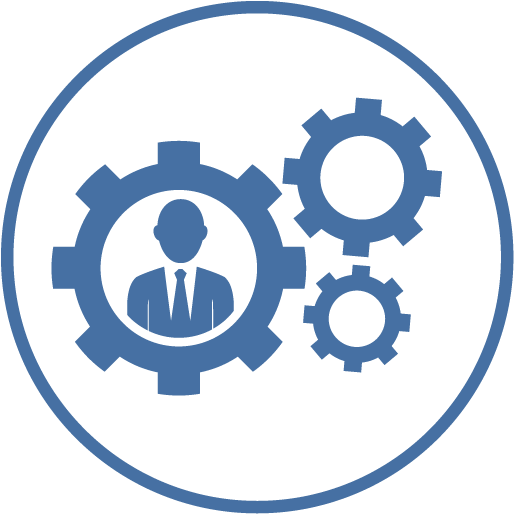 Set of three gears in a blue circle